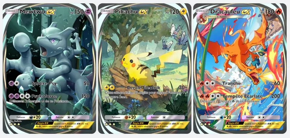 Cartas Imersivas Charizard, Pikachu e Mewtwo