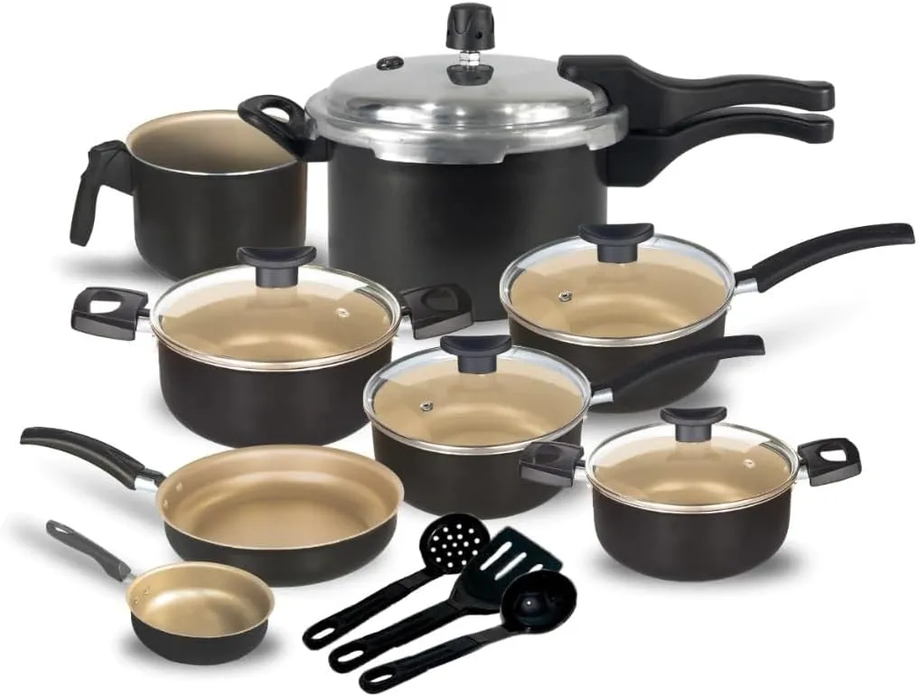 Jogo de Panelas Antiaderente, 11 Peças com Panela de Pressão 2.5L (Preto