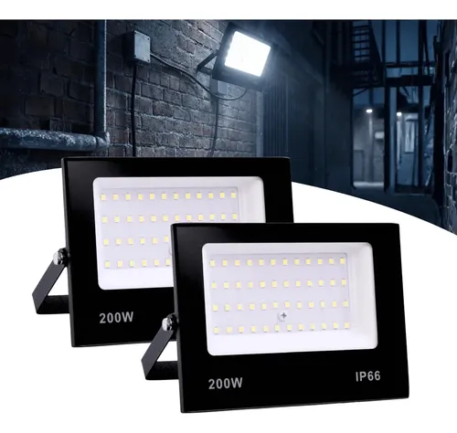 Kit 2 Refletor Led Holofote 200w Ip66 Branco Frio Carcaça Preto Luz