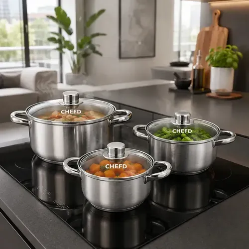 Jogo de Panelas Chef D Aço Inox 6 Peças 3 Caçarolas 3 Tampas de Vidro