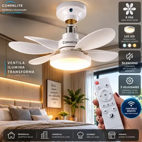 Ventilador de Teto 60W Silencioso Lâmpada Forte com LED, Controle e 6 Pás