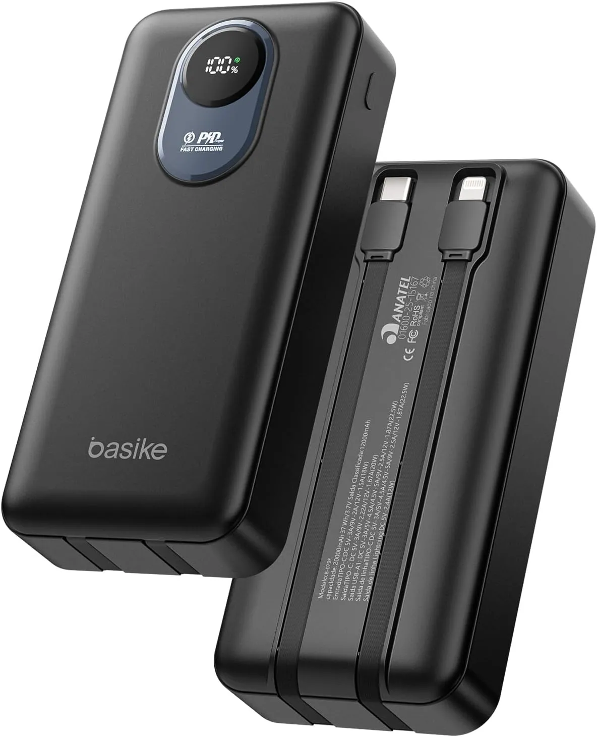 Basike Power Bank 20000mAh, Carregador Portátil, 2 Cabos Integrados (Preto)