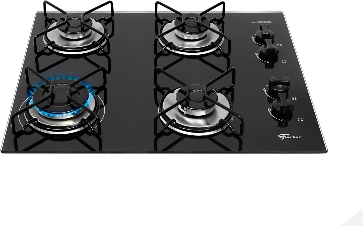 Fischer Cooktop à Gás 4 Bocas Fit Line Trempe Aramado Mesa Vidro Preto
