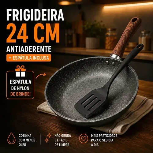 Frigideira Antiaderente Cerâmica Granito 24cm com Espátula Cabo de Madeira