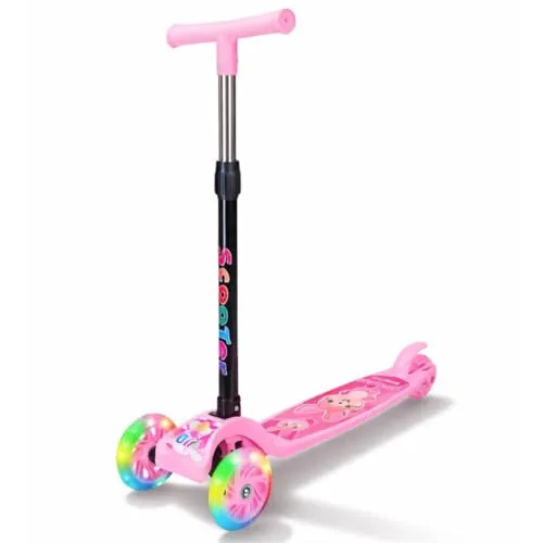 Patinete Infantil 3 Rodas Com Luzes LED Dobrável Altura Regulável (Rosa)