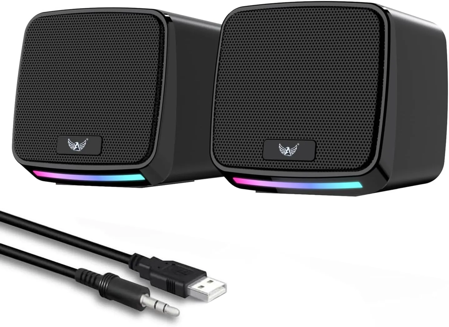 Alto-falantes RGB para PC, alimentação USB, conector de áudio de 3,5 mm