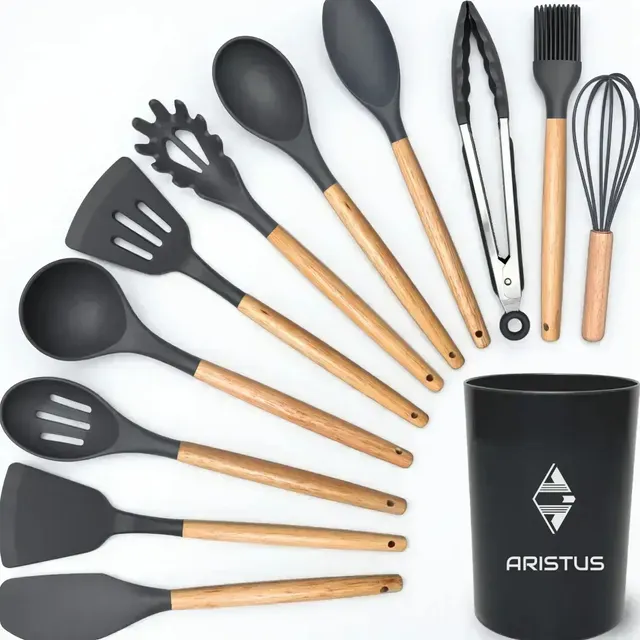 Kit 12 Utensílios De Silicone Com Cabo De Madeira - Marca Aristus Com Alta