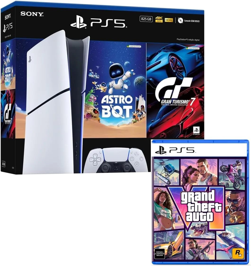 Bundle GTA VI + PlayStation 5 Slim Digital 825 GB Pacote Astro Bot e Gran