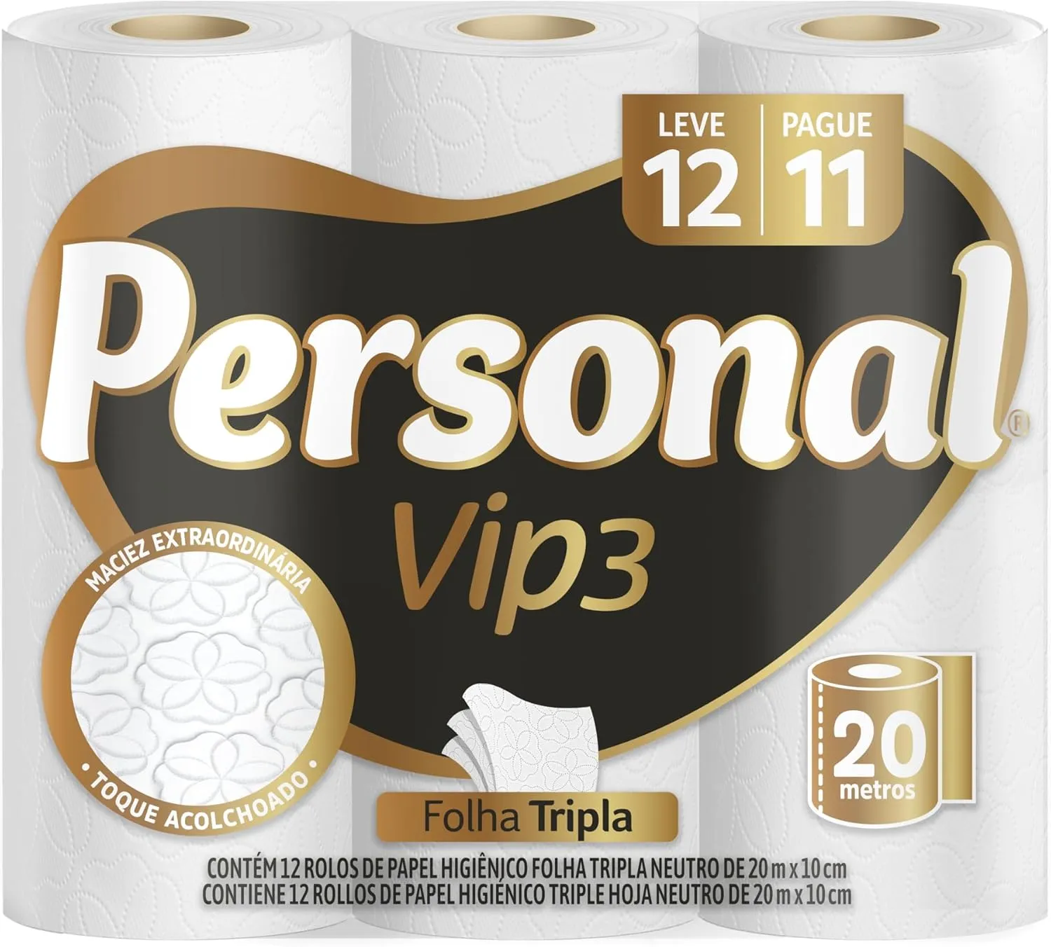 Personal Papel Higiênico Vip Folha Tripla Com 12 Rolos De 20M