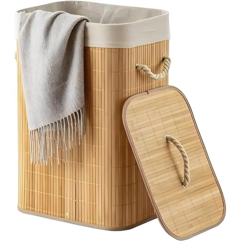 Cesto Roupa Bambu Retangular Redondo Com Tampa Cesto Oraganizador Roupa