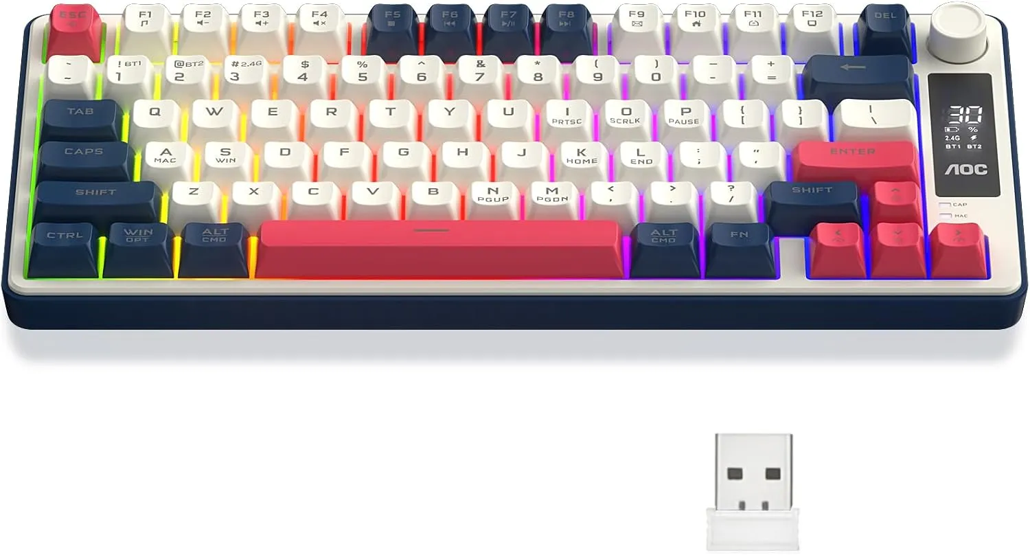 AOC GK280 Teclado sem fio 70%, Bluetooth Trimodo /2.4 GHz/USB-C, Teclado