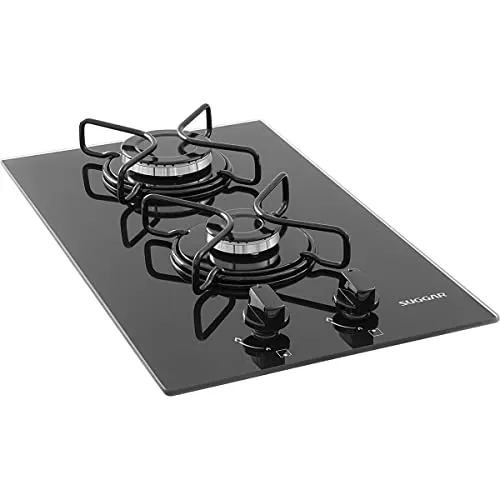 SUGGAR COOKTOP A GÁS VIDRO PRETO 2 QUEIMADORES ESMALTADOS DIFERENTES
