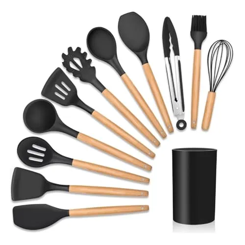 Kit 12 Utensílios De Cozinha Em Silicone E Cabo De Madeira Jogo De