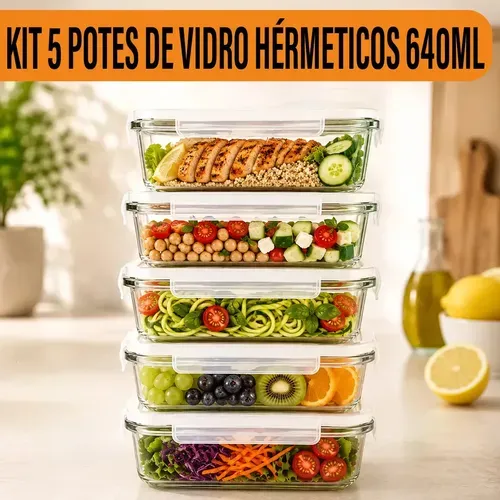 Yab - Kit 5 Potes De Vidro Marmita C/ Tampa Hermético 640ml Retangular 4